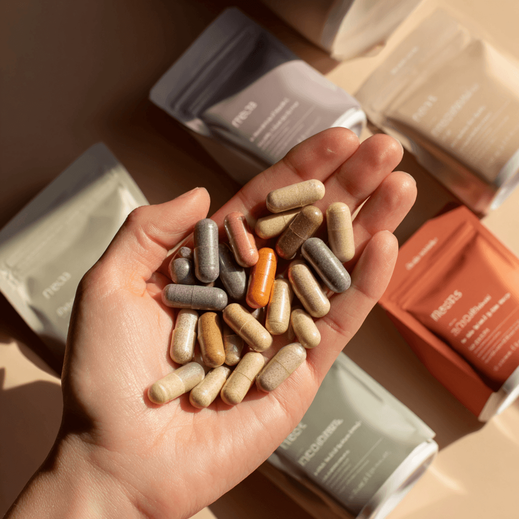 Typical supplement routine — multiple bottles and pills